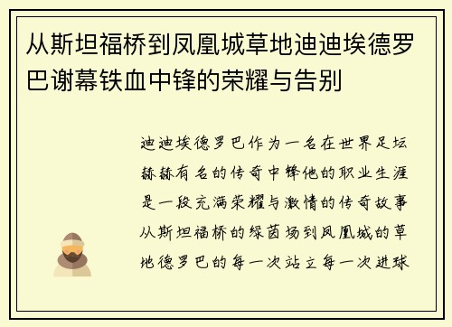 从斯坦福桥到凤凰城草地迪迪埃德罗巴谢幕铁血中锋的荣耀与告别